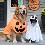 Golden retreiver dressed as a pumkin next to small black and white dog dressed as a ghost