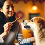 A woman giving her dog a chew stick