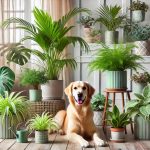 Yellow lab sitting in living room surrounded by pet-friendly plants