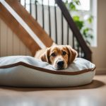 Brown dog sleeping on bed under the stairs
